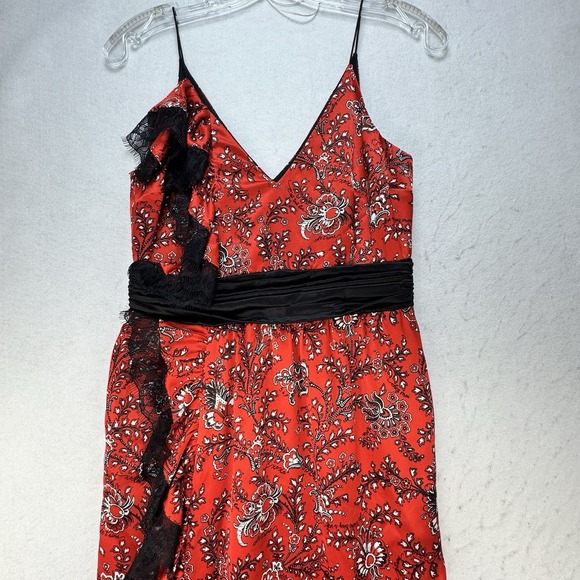 Cinq A Sept Womens Silk Floral Lace Trim Midi Dress Red Black Size XS 0 Elegant - Picture 12 of 14